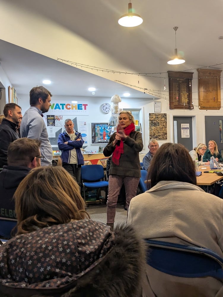 MP Rachel Gilmour addressing a committee meeting of Watchet Town Council where amended plans were being discussed for housing development at Parsonage Farm.