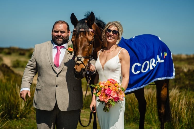 Gemma and Darren McAlinden on their wedding day with special guest The Two Amigos