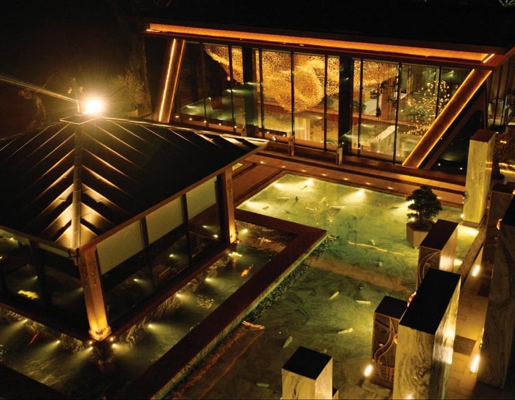 George Singer's 'Lua' light installation can be seen through the windows of this Vietnam house.