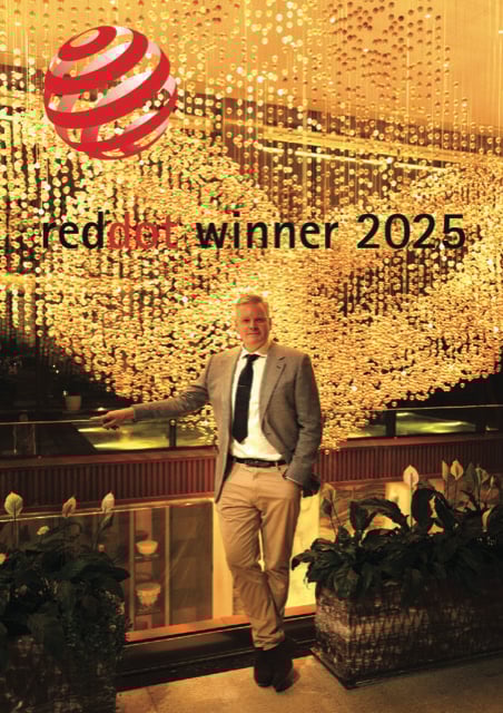 Red Dot winning artist George Singer with his Vietnam house light installation named 'Lua'.