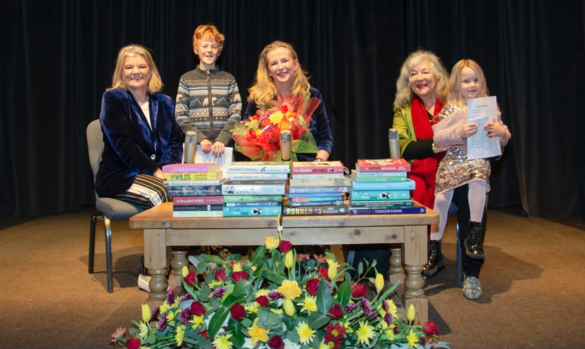 Pictured at Dulverton Exmoor Literary Festival children's prize giving are (left to right) Veronica Henry, winner Finley Richardson, Kate Lord Brown, Carol Drinkwater, and runner-up Edie Richards