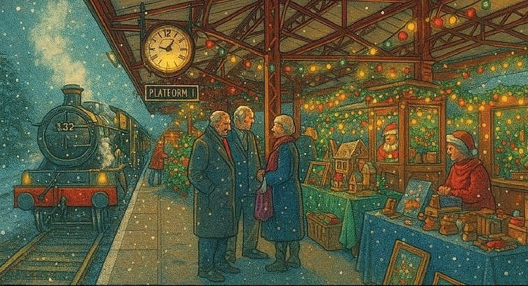 An artist's impression of the West Somerset Railway's Christmas market on Minehead Station.