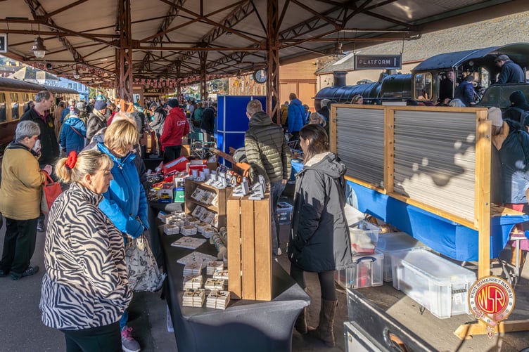 A previous Christmas market on the platform of the West Somerset Railway, in Minehead.