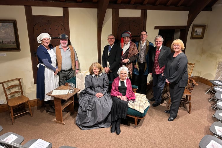 The Dover Manor Museum Players are: Standing - Bettina Walker, Mark Palmer, Ian Kelham, John Hill, Denys Lyons, Jeff Cox, Chris de Vere Hunt. Seated - Penny Kelham and Jane Hill.
