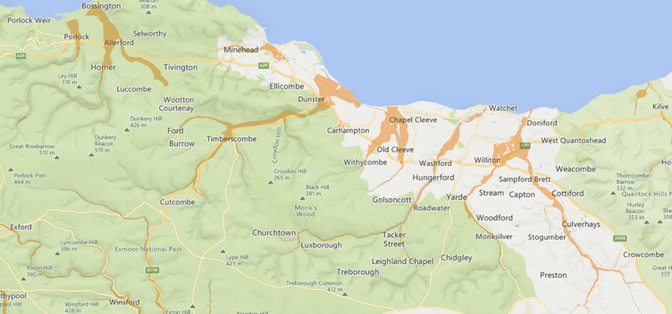 Brown areas show West Somerset rivers and streams where flooding is possible during Storm Bram.