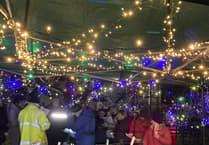 Multicoloured Christmas lights and carol singing in Carhampton Community Orchard