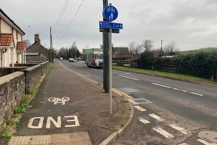 The end of the existing A39 cycle path in Main Road, Carhampton.