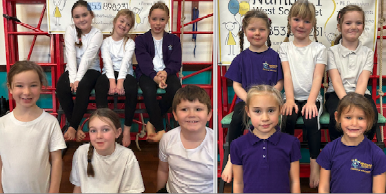 Minehead First School key stage two gymnastics team (left) and key stage one team.