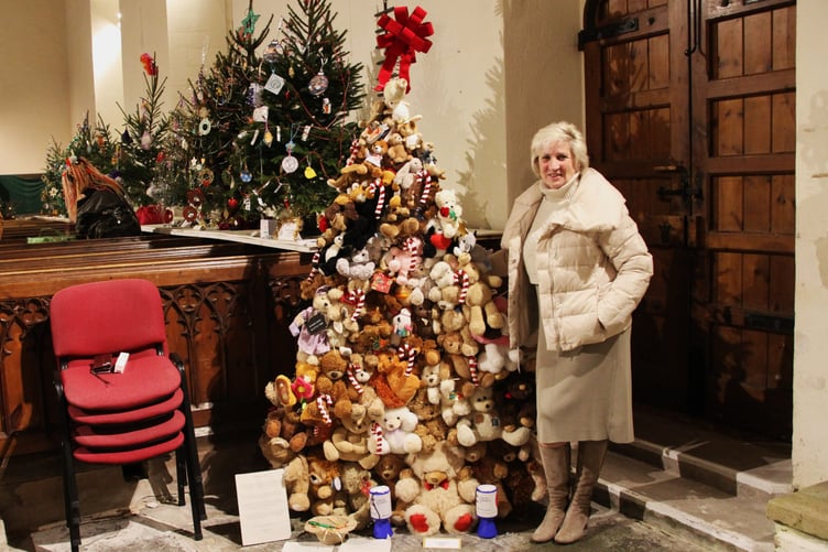 A 'Christmas teddy bear tree' in Stogursey made by Elizabeth Edgar to raise funds for cancer charity.