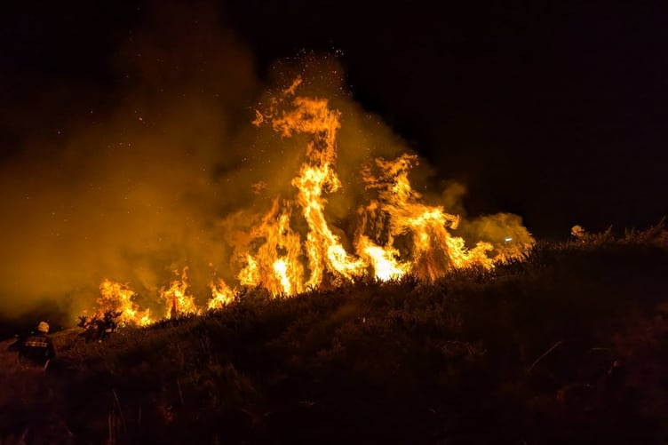 A fire brigade photograph showing flames leaping into the air during the latest in a series of fires on West Anstey Common.