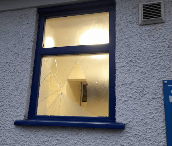 A window broken by vandals in Watchet's Harbour Road public toilets.
