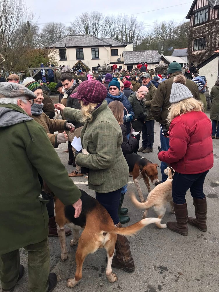 Crowds attending a Devon and Somerset Staghounds meet in Exford on New Year's Day.