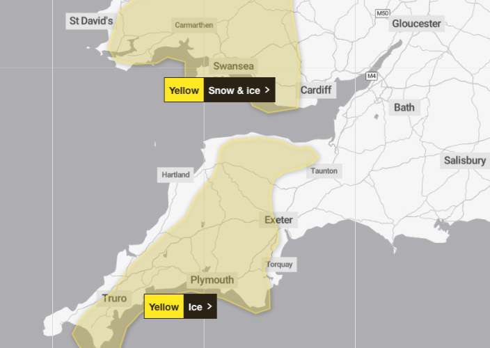 A Met Office warning for snow and ice across parts of the Westcountry on the first weekend of 2026.