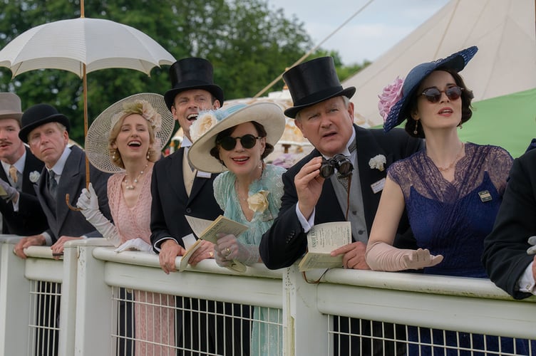 Laura Carmichael as Lady Edith, Harry Hadden-Paton as Bertie Hexham, Elizabeth McGovern as Cora Grantham, Hugh Bonneville as Robert Grantham and Michelle Dockery as Lady Mary. (Credit: Rory Mulvey / 2025 FOCUS FEATURES LLC)
