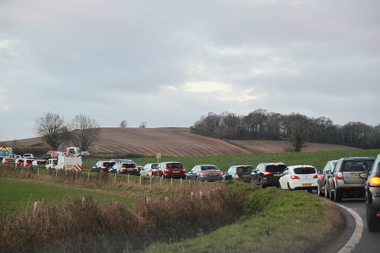 Traffic queueing nose to tail from Bilbrook, nearly four miles before the Dunster traffic lights.