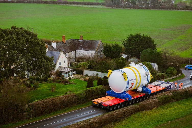 A second nuclear reactor being transported by road on the last leg of a journey from France to the Hinkley Point C power station.