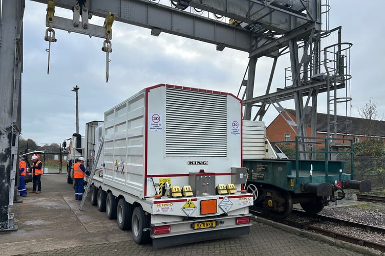 The last nuclear fuel from Hinkley Point B power station is transported via a flasking train in Bridgwater to Sellafield.