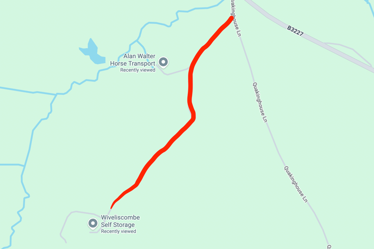 Frys Lane (depicted in red), will be closed from its junction with Quaking House Lane, Wiveliscombe for a few days for resurfacing works