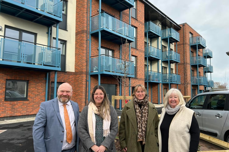 Somerset Council leader Cllr Bill Revans at the opening of Minehead's Rainbow Way housing estate with (left to right) Cllrs Federica Smith-Roberts, Cara Strom, and Fran Smith.
