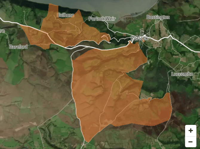 A National Grid map showing the area around Porlock affected by a power cut on Tuesday.