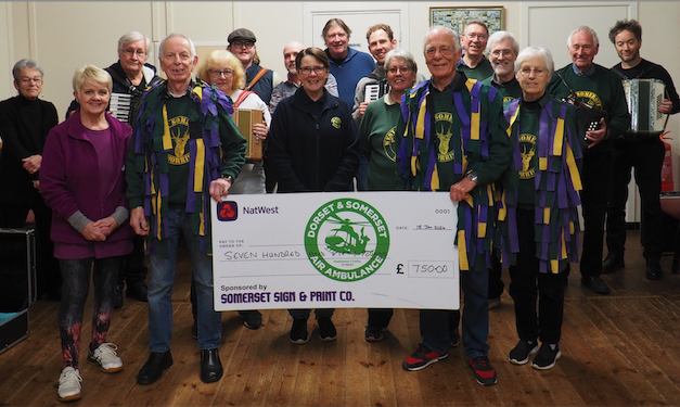A cheque for £750 was presented by members of West Somerset Morris to the Dorset and Somerset Air Ambulance.