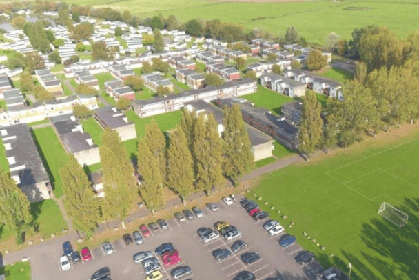 An aerial view of since-demolished staff accommodation for Butlin's staff, who now live in temporary 'snoozepods'.