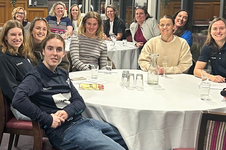Erin Osborne pictured second from the right with some of the Somerset Women cricketers including captain Sophie Luff (far right)