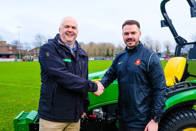 Dan Eustice from Somerset FA pictured with Jon Funnell from Masons Kings at Taunton Town’s Cygnet Health Care Stadium.