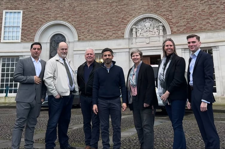 Somerset Conservative councillors outside County Hall (left to right) Andy Dingwall, Bob Filmer, Mark Healey, Diogo Rodrigues, Frances Nicholson, Dawn Denton, and Tom Power.