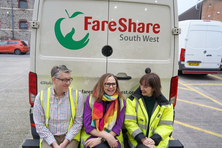 From left, Julian Mines, chief executive of Bristol Charities; Helen Godwin, mayor of the West of England; and Josie Forsyth, deputy chief executive of FareShare South West.