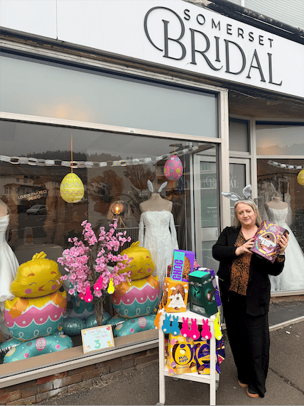 Somerset Bridal owner Debbie Shelley with some of the luxury Easter eggs earmarked for her brides and the West Somerset Food Cupboard.