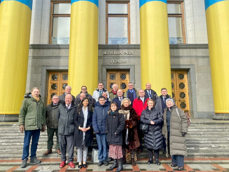 UK delegation members outside Ukraine's Parliament, the Verkhovna Rada.