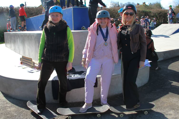Joining in the wheeled park fun in Watchet are (left to right) MP Rachel Gilmour, mayor Cllr Loretta EWhetlor, and town clerk Jo Grellier.