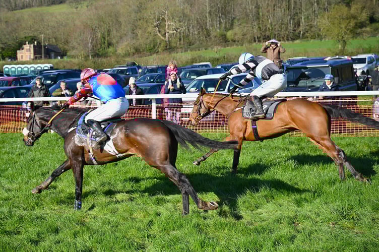 Bollin Special, Josh Newman (1st) farside, challenges Myfanwy's Magic, Charlie Marshall (2nd) Maiden Race, 3m (Picture: Tim Holt)
