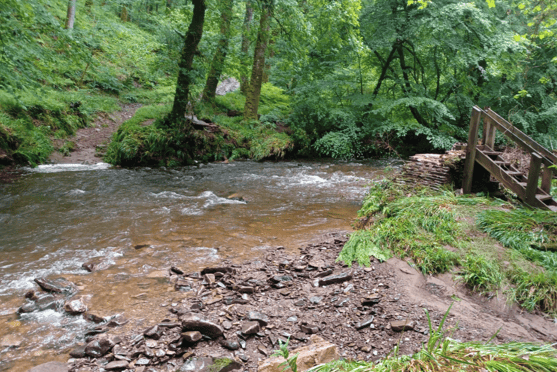 The site of the Venford Wood footbridge after it was washed away by a storm in June, 2025.
