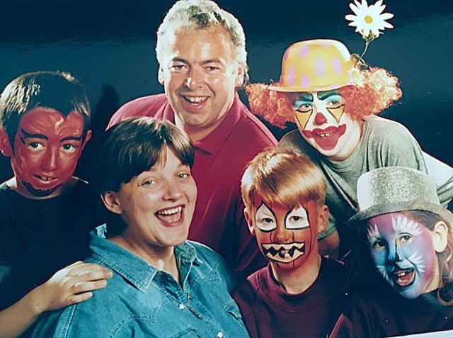 Snazaroo founders Paul and Lauren Staton with children during an early promotion for the Minehead face paint manufacturer.