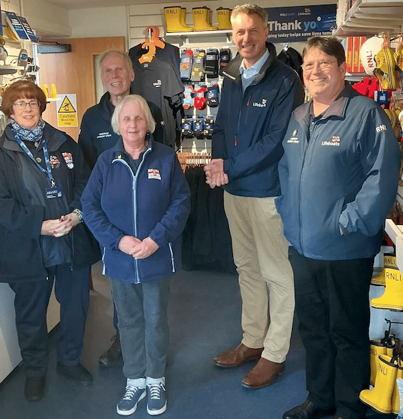 RNLI chairman Peter Sparkes and his wife Karen recently visited to meet Minehead lifeboat volunteers.