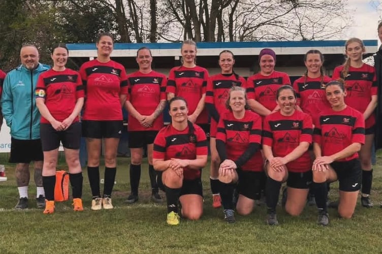 Porlock Ladies,  back left to right:  Abbie Rendell, Adrian Shopland, Rhiannon Powis, Sarah Davenport, Lauren Smith, Ellie Sutton, Kayleigh Campbell-Farmer, Georgia Perkins, Julie Netherway, Kez Elson, Christina Storey; front: Aimee James, Helen Wye, Amber Coles, Ellie Howe     