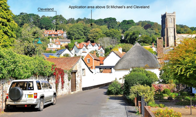 Looking from Vicarage Road, on Minehead's North Hill, toward the 'Hundred Acre Wood' site beyond St Michael's Church and the Cleveland country house.