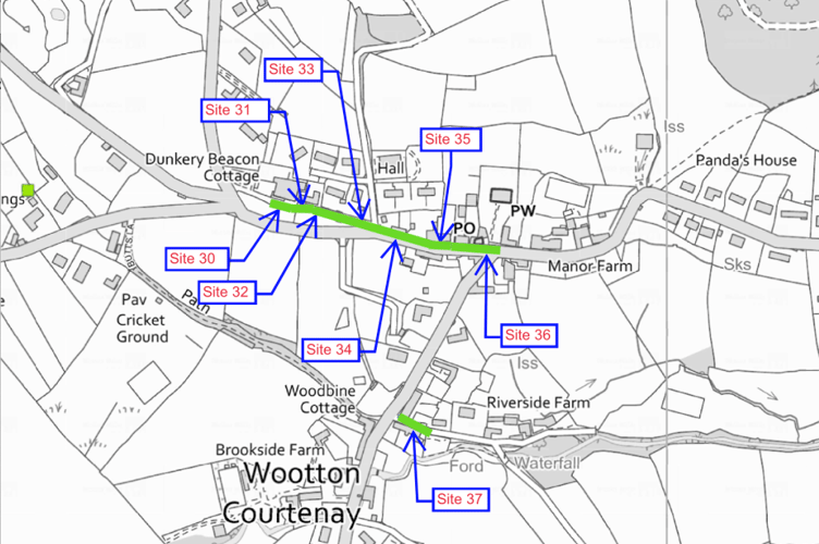 A Wootton Courtenay map indicating Wessex Water road closures in green.