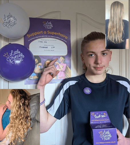 Budding young Watchet footballer Theodore Curtis-Gee after his hair was shaved for the Little Princess Trust, with insets showing how long it had grown.