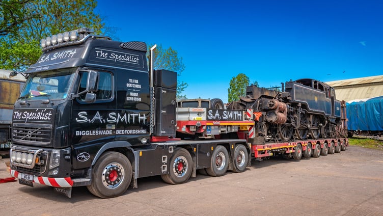 The chassis of engine no 80064 being taken for specialist work as part of a West Somerset Railway Heritage Association restoration project.