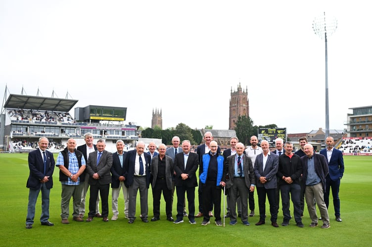 Somerset former players pictured are, left to right - Alan Whitehead, Mark Davis, Rob Coombes, Roy Sully, Martin Olive, Peter Robinson, Phil Slocombe, Trevor Gard, David Gurr, Nick Evans, Andy Caddick, Terry Barwell, Carl Gazzard, Roy Kerslake, Joe Tucker, Paul Jarvis, Gary Palmer, Nigel Popplewell, Craig Meschede, Vic Marks, and Charl Willoughby. Missing from the pic are Rob Turner and Jamie Cox 