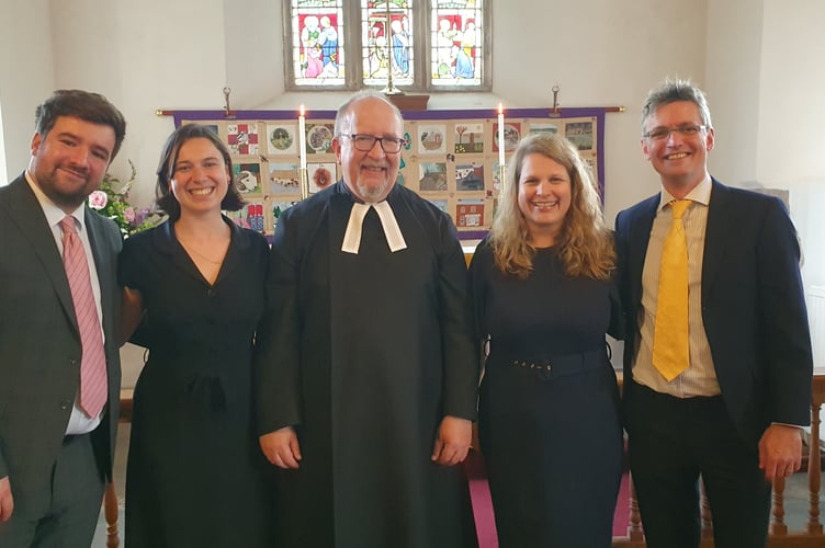 Choristers returning for choral evensong in St Petrock's Church, Timberscombe, are (left to right) tenor Thomas Elwin, soprano Olivia Hugh-Jones, with Archdeacon Emeritus Elwin Cockett who will lead the service, alto Nicola Semple, and bass Richard Smith.