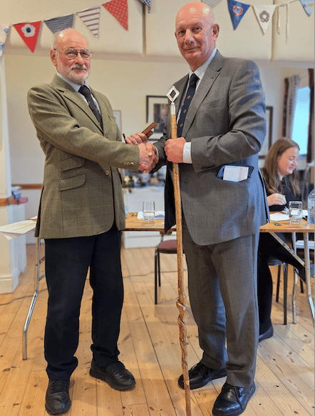 Outgoing Exmoor Pony Society president Ian Graham (left) welcomes new president Nigel Hill.