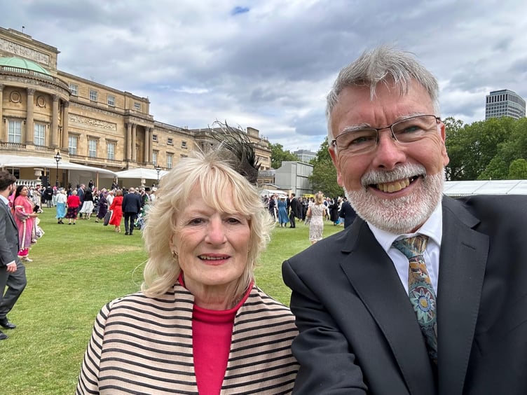 Exmoor Community Bus Association chairman Pauline Newton and fellow volunteer driver Richard Partington attend a Buckingham Palace Garden Party.