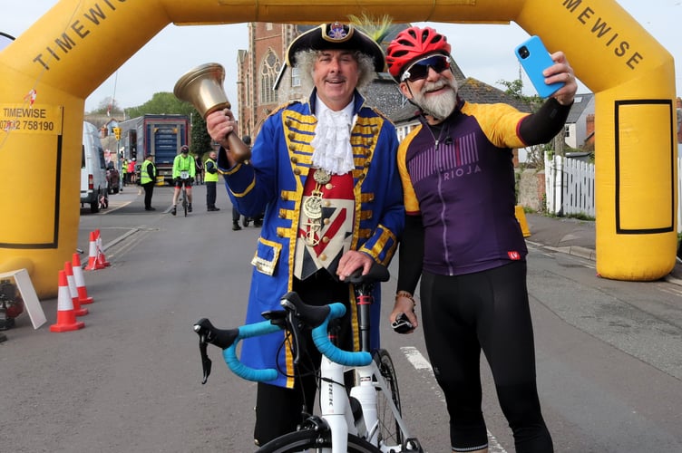 Watchet Town Crier David Milton at the start of an air ambulance coast to coast cycle ride.