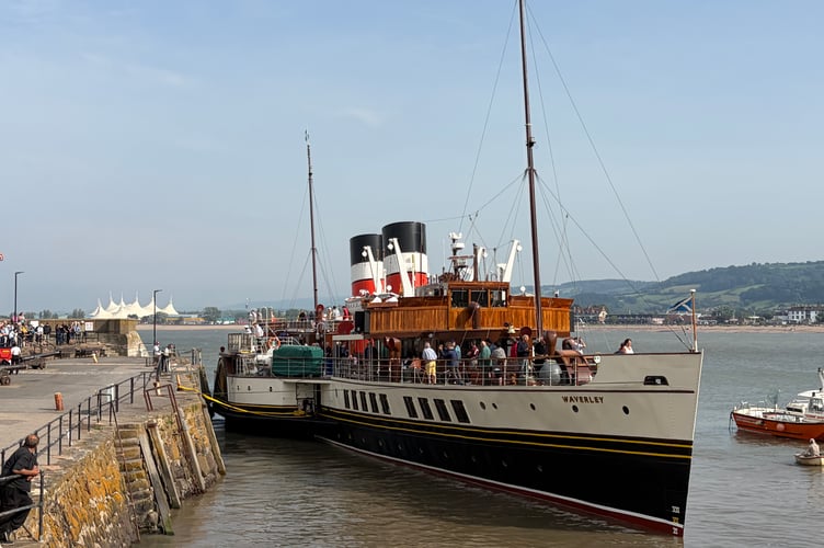 The Waverley, the last seagoing paddle steamer in the world, docks in Minehead Harbour on May 28.