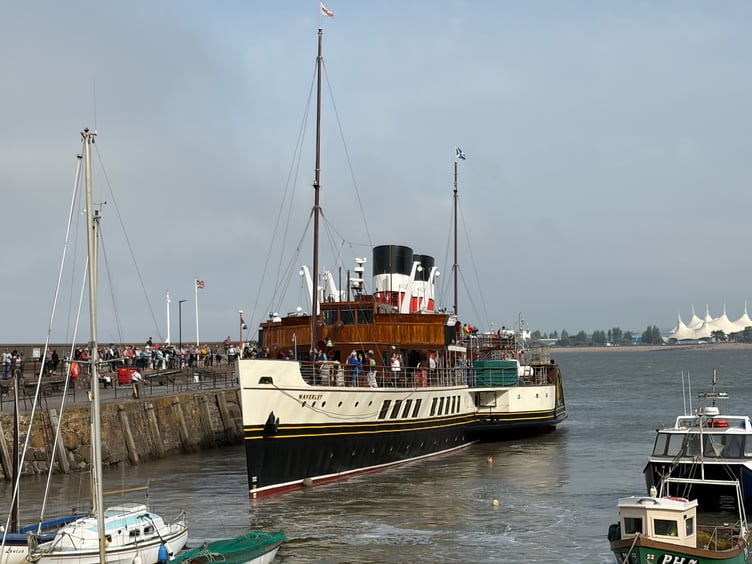 Crowds of onlookers watch the iconic paddle steamer Waverley arrive in Minehead Harbour.