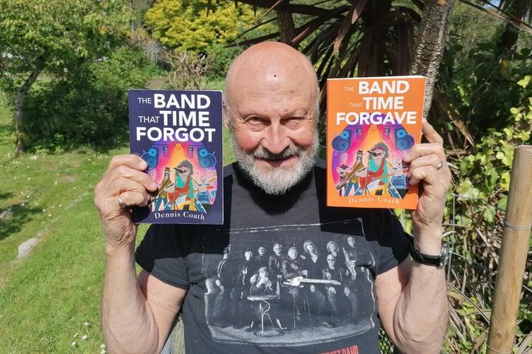 Dunster author Dennis Coath with the first two books in his trilogy about ageing rock band The Dogs.